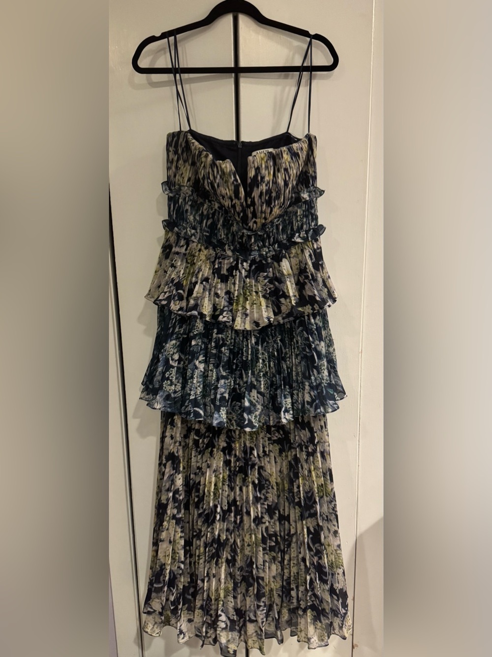 Amur Tiered Strapless Floral Maxi Dress in Navy, Olive & Cream